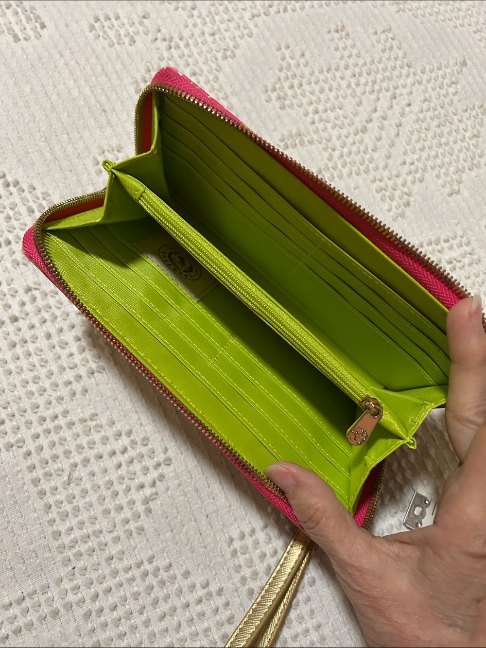 Spartina Tropical Elephant Tote Bag in Pink and Lime with wristlet - Picture 6 of 13